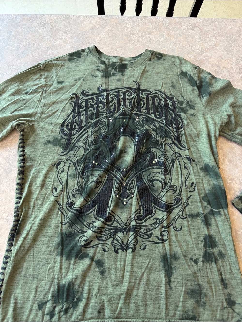 Affliction Olive and Black Graphic Long Sleeve Tee with Rhinestones